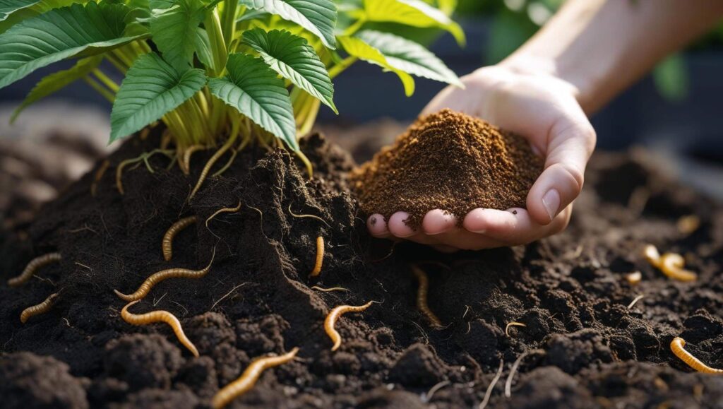MitraPlus 1 natural soil enhancer being applied to the base of kratom plants in an organic farm