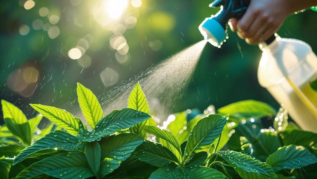 MitraPlus 2 foliar spray being applied to kratom leaves to promote healthy growth